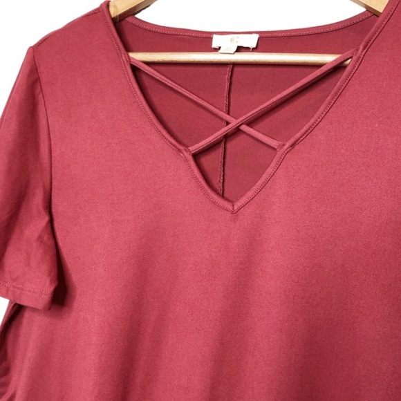 Charming Charlie Rusted Burgundy Short Sleeve V-neck Lace Cross Shirt Dress - Picture 7 of 16